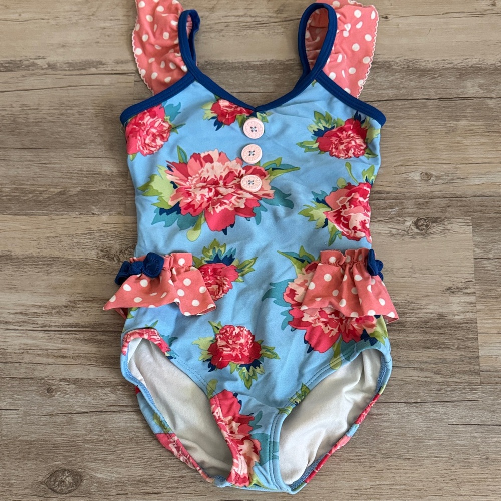 Matilda Jane Floral Swimsuit (Size 4T) One-Piece Pink Blue White
